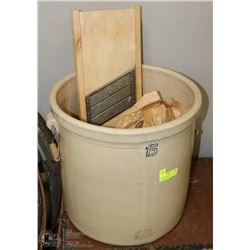 15 GALLON CROCK WITH WOOD HANDLES & CABBAGE
