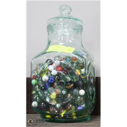 LARGE AQUA BLUE JAR FILLED WITH OLD MARBLES