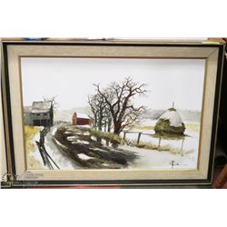 SIGNED "JACK" FRAMED FARM YARD PAINTING.