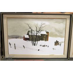 SIGNED "JACK" FRAMEDSNOW COVERED BARN  PAINTING.