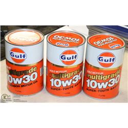 3 VINTAGE GULF FULL CANS OF MOTOR OIL