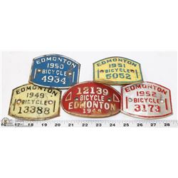 LOT OF 5 BICYCLE LICENSE PLATES - 1948, 1949, 1950