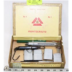 CIGAR BOX WITH UNUSED LIGHTERS, FOUNTAIN PENS,