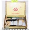 CIGAR BOX WITH UNUSED LIGHTERS, FOUNTAIN PENS,