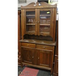 ANTIQUE HARDWOOD HUTCH WITH TOP.
