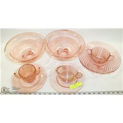 8PC ROSE DEPRESSION GLASS DISHES INCL 2 MIXING