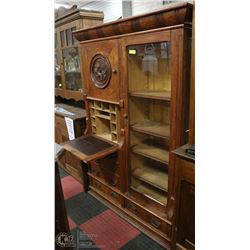 ANTIQUE BOOKCASE WITH DROP DOWN DESK & KEY