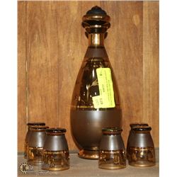 7PC VINTAGE BROWN GLASS GOLD TRIM ETCHED DECANTER