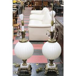 PAIR OF WHITE GLOBE TABLE LAMPS WITH MARBLE BASE