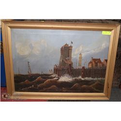 ANTIQUE OIL ON CANVAS NAVEL SCENE, 33 X 25, HAS