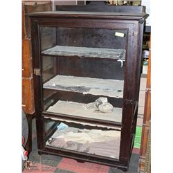 ANTIQUE WOOD AND GLASS GENERAL STORE CABINET.