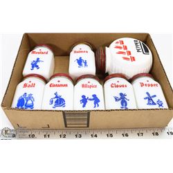 MILK GLASS 7 PIECE SPICE JAR SET