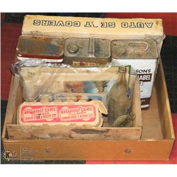 FLAT OF ASSORTED VINTAGE TINS, CONTAINERS, AUTO