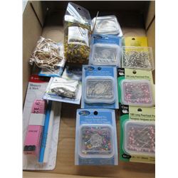 flat full of Assorted Sewing items / satin pins / pearlized pins/ safety pins