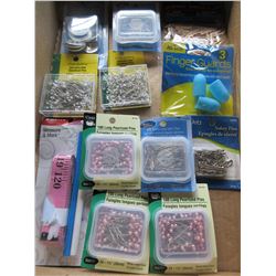 flat full of Assorted Sewing items / satin pins / pearlized pins/ safety pins