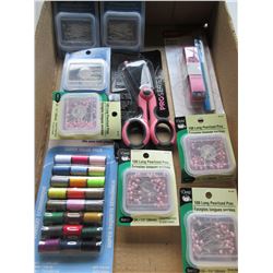flat full of Assorted Sewing items / satin pins / pearlized pins/ safety pins