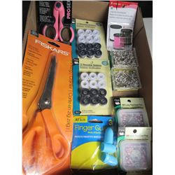 flat full of Assorted Sewing items / shears/scissors/pins/sew kit/thread