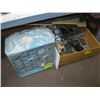 Image 1 : Wood box with assorted power supplies, wire etc.   Parts container of Railroad screws and assorted p