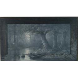 HENRY A DUESSEL (American, 19th/20th Century) DEEP WOODS POND WITH ROWBOAT.