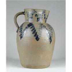 OVERSIZE STONEWARE BLUE DECORATED PITCHER.