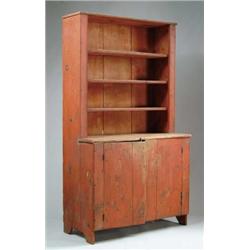 COUNTRY PINE STEPBACK CUPBOARD IN OLD RED.