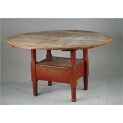 TWO PART ROUND CHAIR TABLE IN RED PAINT WITH SCRUB TOP.