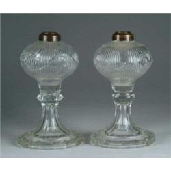 PAIR OF RARE BELLFLOWER FLUID LAMPS.
