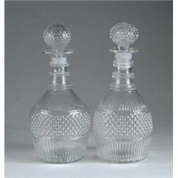 PAIR OF NEW ENGLAND BLOWN MOLDED DECANTERS.