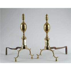 FINE PAIR OF FEDERAL BRASS DOUBLE LEMON TOP ANDIRONS.