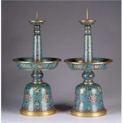FINE PAIR OF EARLY 18TH/19TH CENTURY SIGNED PRICKET CLOISONNÉ CANDLESTICKS.