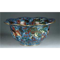 CLOISONNÉ SHAPED FOOTED BOWL WITH ANIMALS.