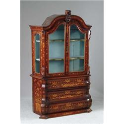 MINIATURE MARQUETRY MAHOGANY DUTCH BOMBE CABINET.