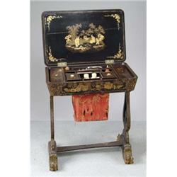 ORIENTAL EXPORT LACQUERWARE LIFT TOP SEWING STAND.