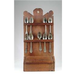18TH C NEW ENGLAND CHERRY AND PINE SPOON RACK AND WALL BOX.