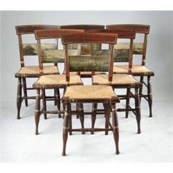 OUTSTANDING AND RARE SET OF SIX HITCHCOCK STYLE SHERATON SIDE CHAIRS WITH PAINTED SCENES ATTRIBUTED 