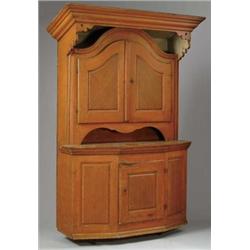 OUTSTANDING AND RARE PAINTED HOODED STEPBACK CUPBOARD.