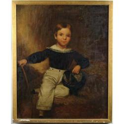 UNSIGNED (First half of the 19th Century) PORTRAIT OF A YOUNG BOY WITH FANCY HAT AND HOOP.