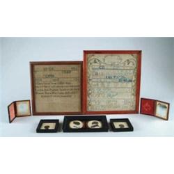 TWO MAINE SAMPLERS WITH SILHOUETTES AND DAGS OF THE PORTER FAMILY.