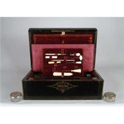 FINE ROSEWOOD FITTED INLAID LAP DESK WITH HALLOWELL, MAINE PROVENANCE.