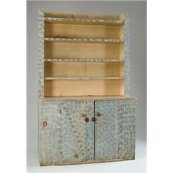 RARE STEP BACK CUPBOARD IN ORIGINAL BLUE PAINT WITH BLACK SPONGING.