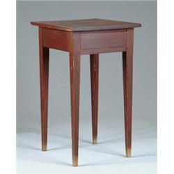 STATE OF MAINE TAPERED LEG ONE DRAWER STAND IN ORIGINAL RED PAINT.