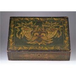 FINE HINGED DOCUMENT BOX WITH STENCIL OVER GREEN GROUND.