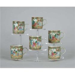 SET OF SIX HANDLED ROSE MEDALLION CUPS.