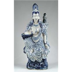LARGE BLUE AND WHITE PORCELAIN FIGURINE OF ORIENTAL GODDESS AND BIRD.