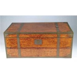 ORIENTAL EXPORT BURL AND BRASS BOUND TRAVELING DESK.