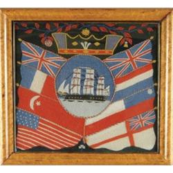 ENGLISH WOOLWORK SHIP AND FLAG PICTURE.