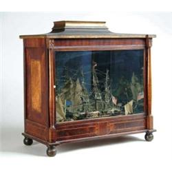 FINE AND IMPORTANT MULTI-SHIP DIORAMA IN 19TH CENTURY INLAID MAHOGANY CASE CIRCA 1810-20.