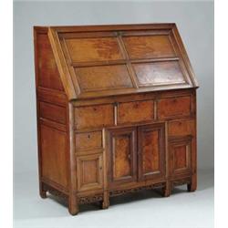 OUTSTANDING ORIENTAL BURL WOOD SLANT FRONT DESK.