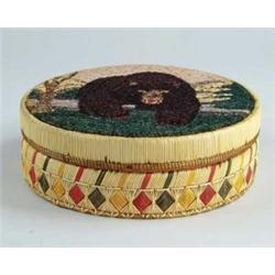OUTSTANDING AND RARE PAINT DECORATED ROUND QUILL BOX WITH BEAR.