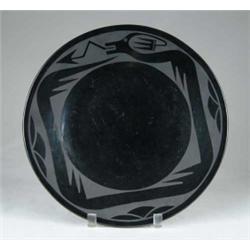 OUTSTANDING SAN ILDEFONSO BLACK ON BLACK ROUND PLATE BY MARIA & SANTANA.